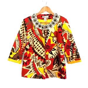 Birch Hill Red & Yellow Tribal Abstract Print Jeweled Blazer Sz Medium
